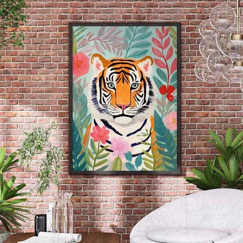 Pastel Botanical Jungle Animal Poster Giraffe Elephant Lion Parrot Snake Tiger Print Wall Art Picture Canvas Home Decor