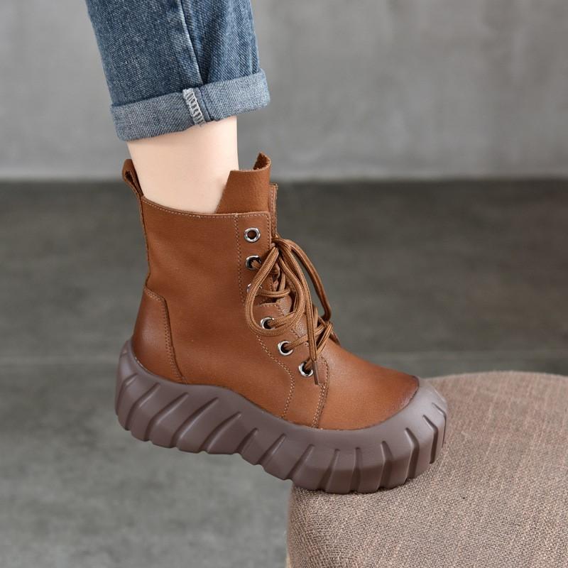Johnature Genuine Leather Thick Soled Boots Retro Round Toe Lace Up Women's Platform Boots