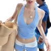 Less retro two-color plaid neck V-neck split boxers bikini sexy hot spring vacation swimsuit