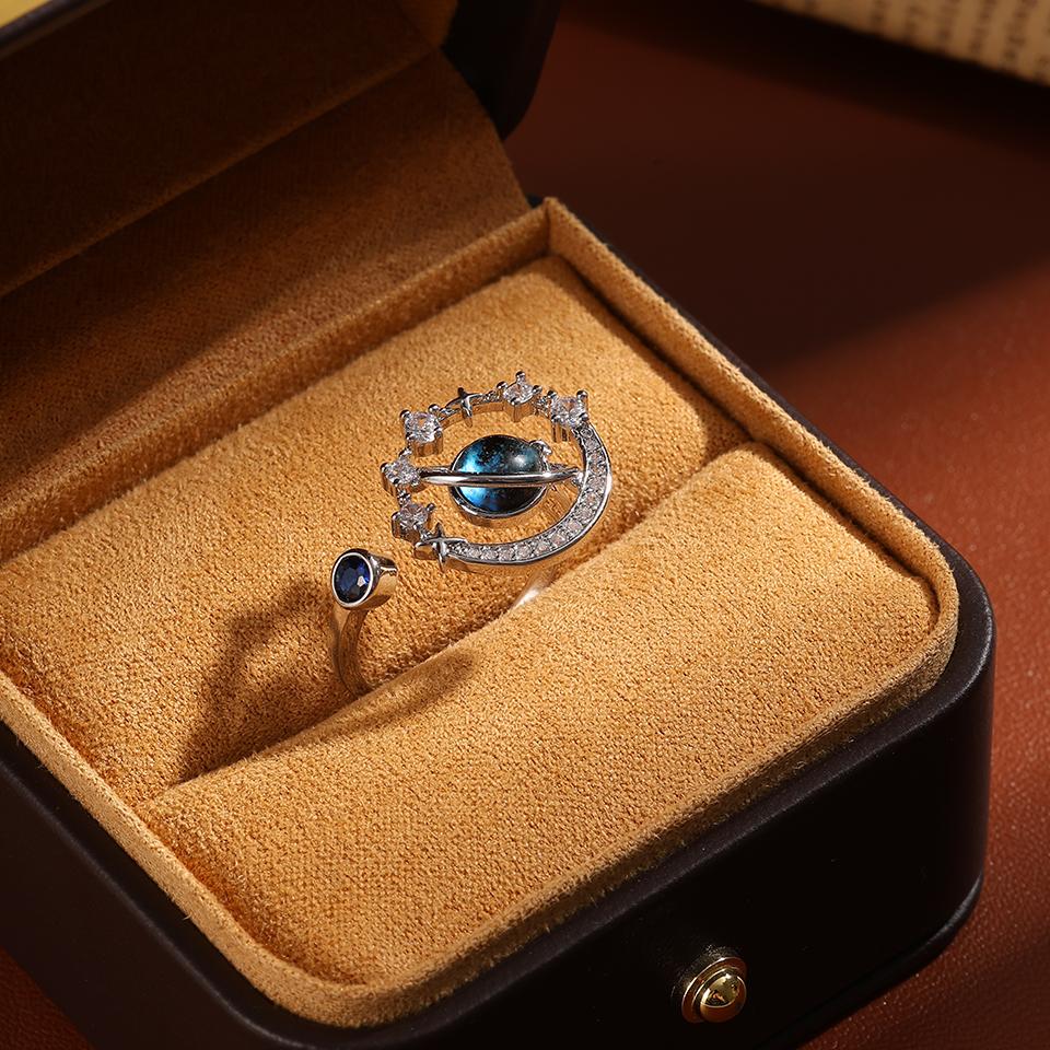 ZAKOL New Blue Planet Series Shiny Zircon Adjustable Open Ring for Women Exquisite Unique Anniversary Birthday Zircon Gift