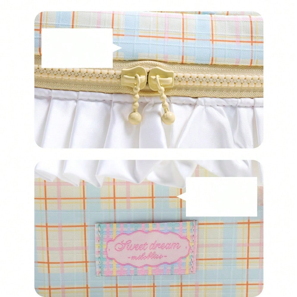 Twist Portable Cosmetic Bag, Pleated Lace Storage Bag, Color Matching Plaid Toilet Bag.