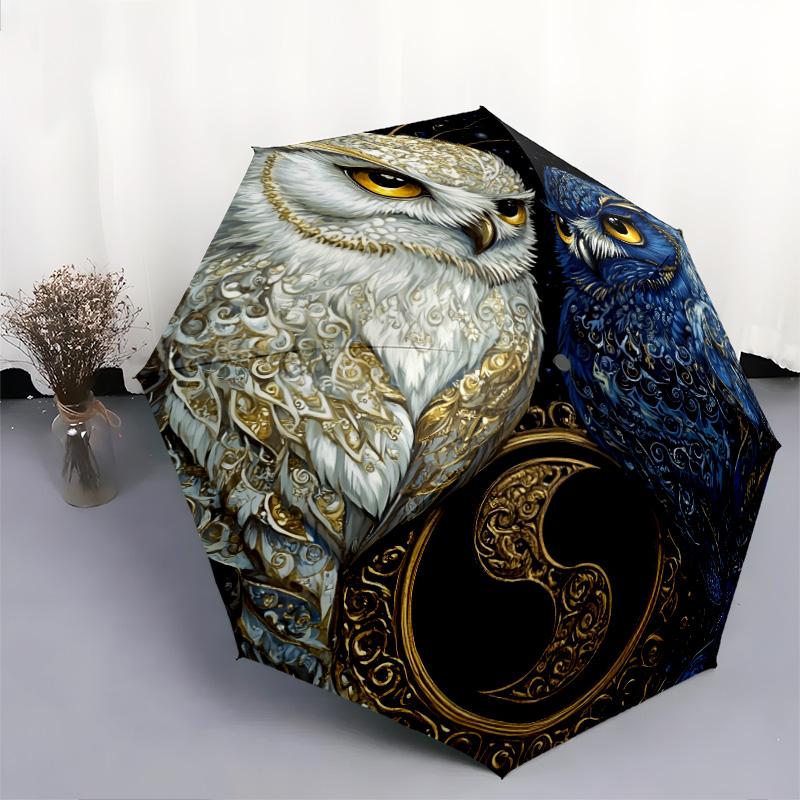 Two Owls pattern, automatic folding umbrella, portable and foldable design, 8 ribs, a Christmas or birthday gift.