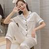 Solid color ice silk pajamas women's long-sleeved cardigan simulation silk spring summer loungewear women's autumn suit breathable