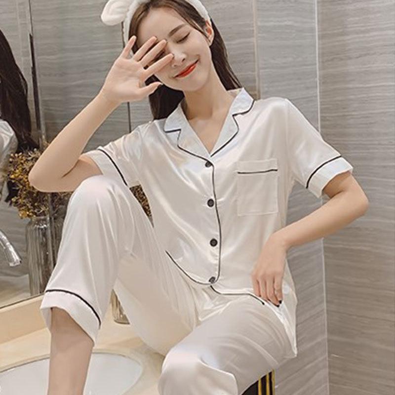 Solid color ice silk pajamas women's long-sleeved cardigan simulation silk spring summer loungewear women's autumn suit breathable