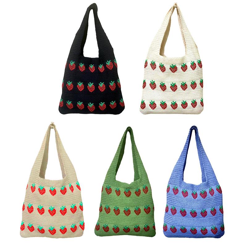 Casual Sweet Strawberry Print Knitted Shoulder Large Capacity Handbag Tote Bag Fashion Shopping Handbags Women Gifts