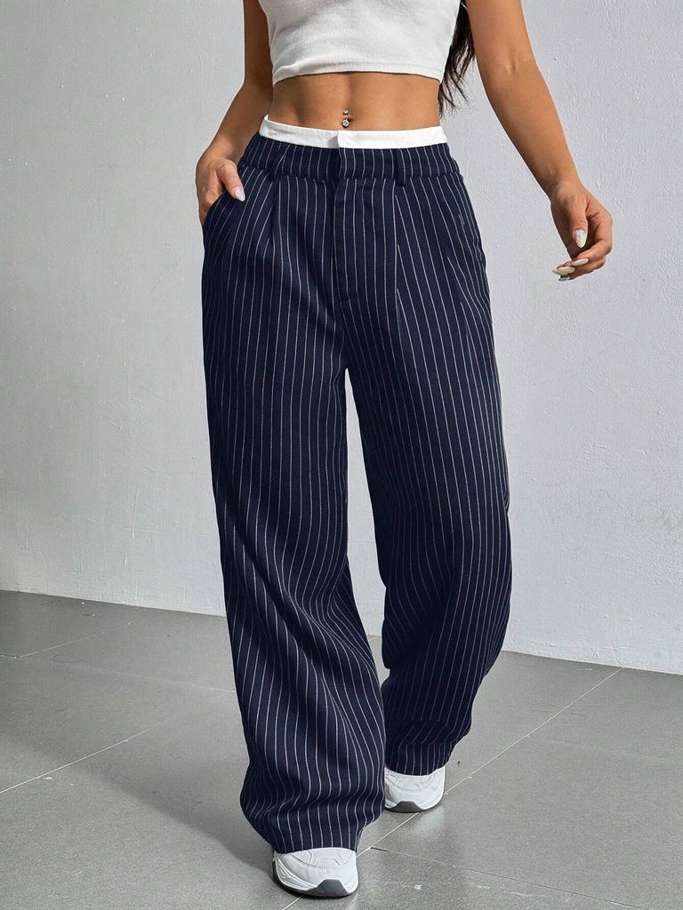Women's Trousers Japanese and Korean Casual High Waist Color Matching Simple Drape Striped Straight Trousers Wide Legs