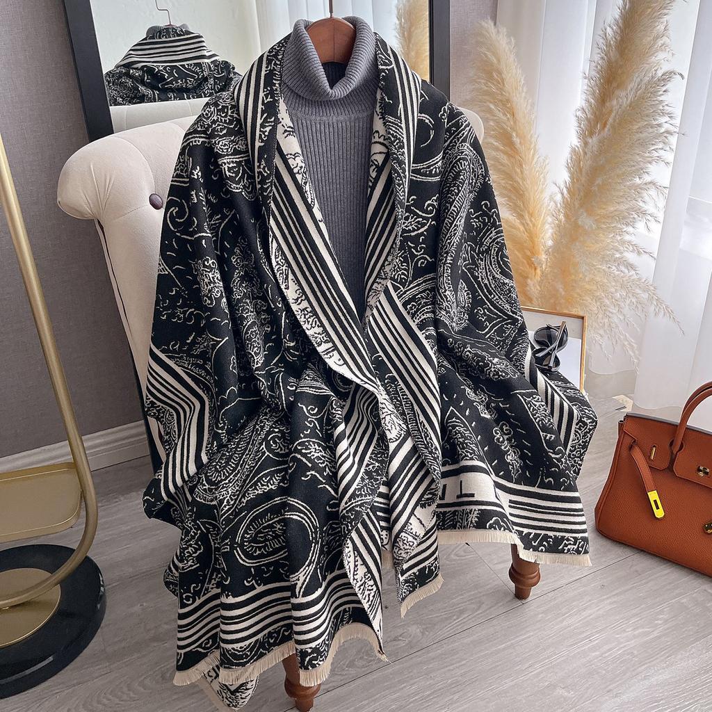 High-End Black Cashew Flower Scarf Women'S Imitation Cashmere Warm Scarf Shawl On Both Sides