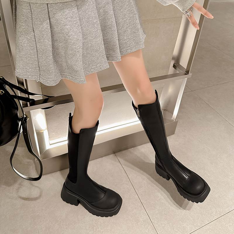 Krazing Pot Skórzane buty wiosenne i zimowe z grubej platformy damskie wsuwane buty za kolano