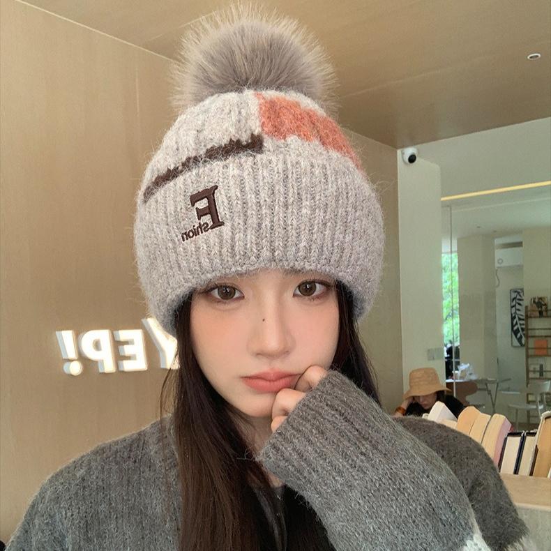 Women's Color Matching Knitted Wool Hat, Cute Hairball Thermal Hat, Autumn and Winter Cold-proof Ear Hat