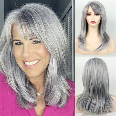 Synthetic Long Straight Mix Dark Brown Wig with Bangs for Women Mommy Wig Natural Soft Daily Cosplay Party Fake Hair