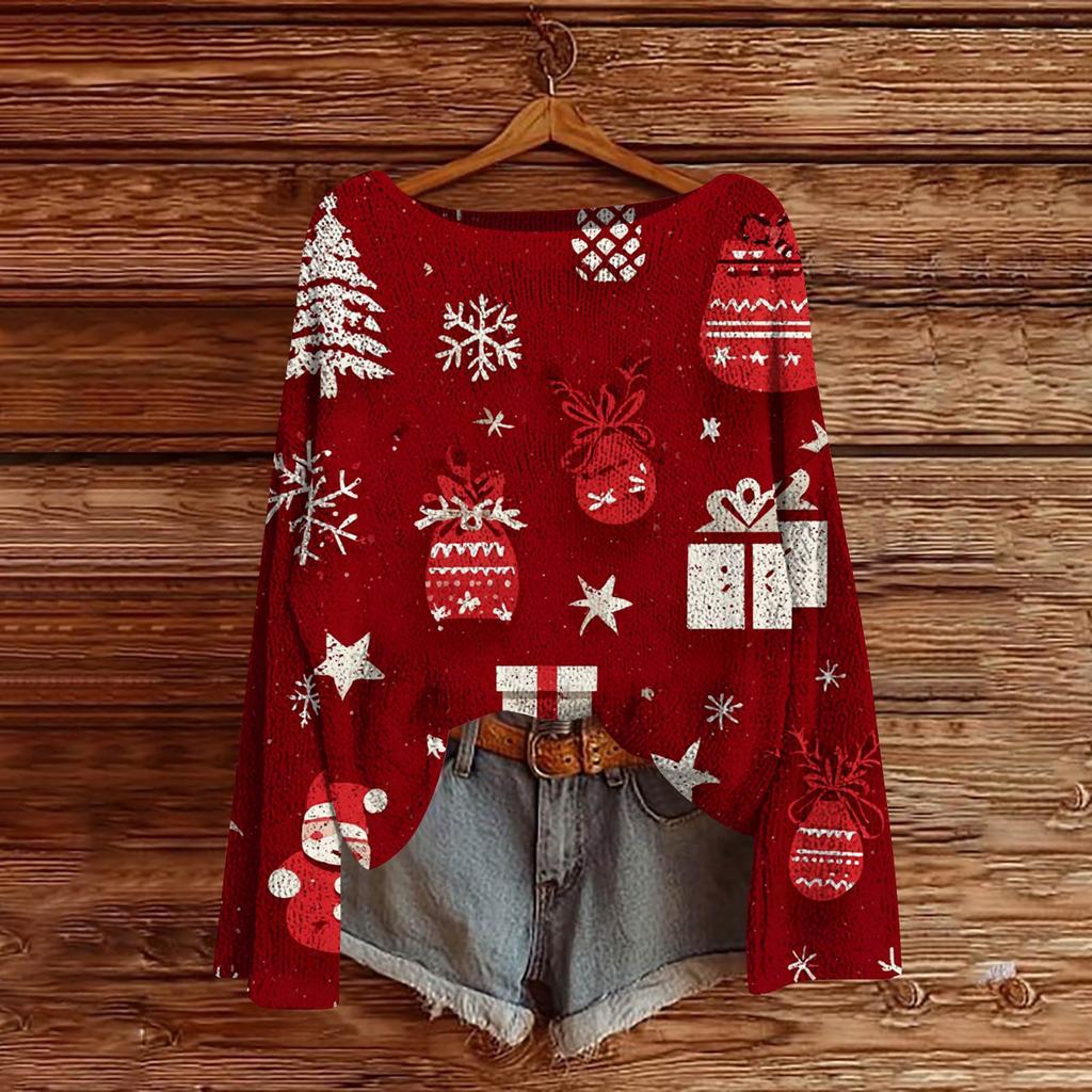Women's Fashion Christmas Print Lightweight Sweater Casual Long-Sleeve Knit Pullover Top