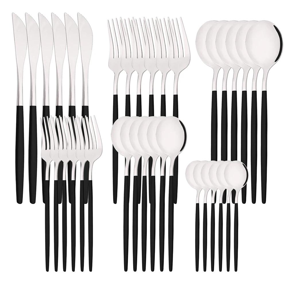36Pcs Dinnerware Set Stainless Steel Tableware Set Black Gold Flatware Knife Fork Dessert Spoon Luxury Western Cutlery Set