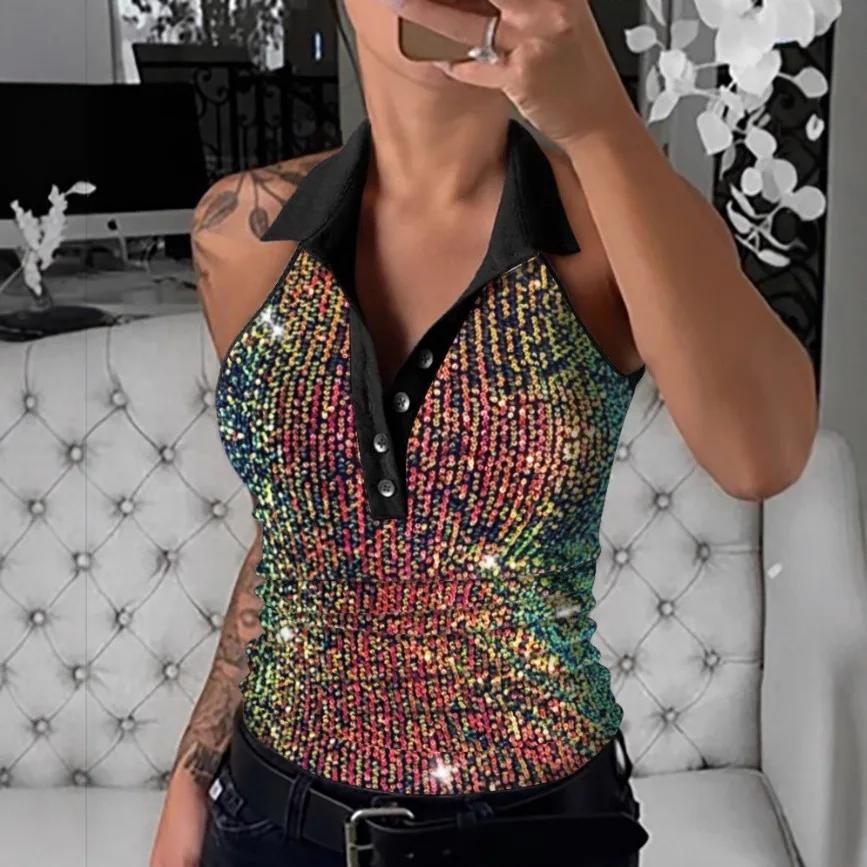 Beige Leopard Print Sequin Slim Fit Vest Summer  Cross-Border Hanging Neck Collar Women s Top Polyester Fiber Blend S