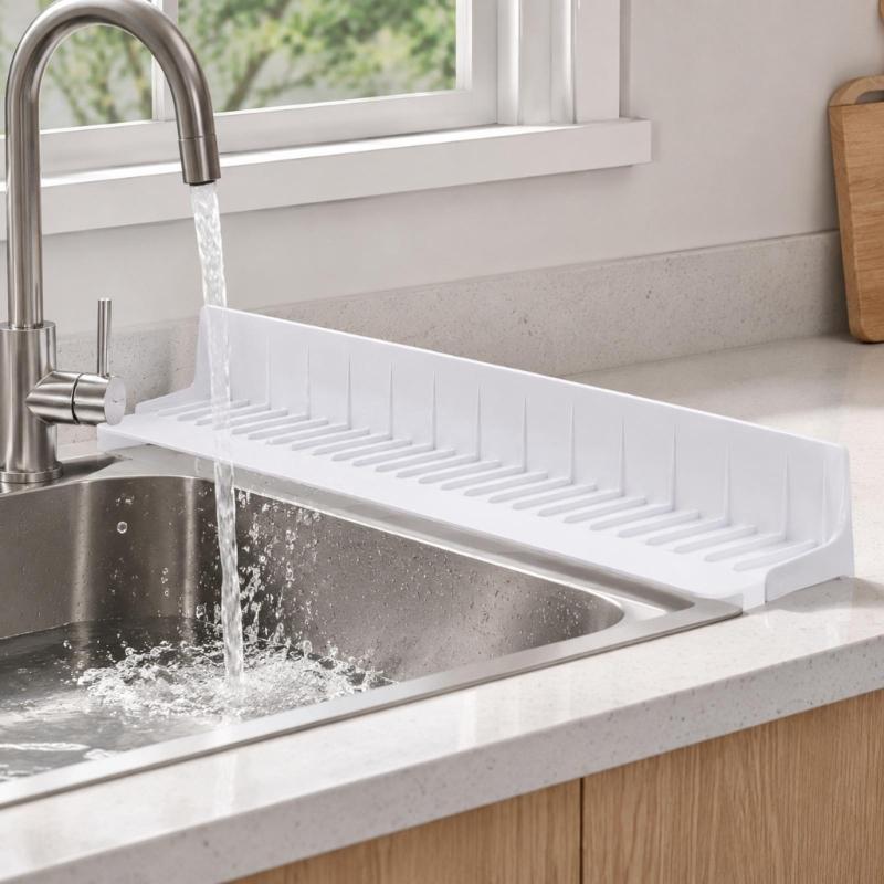 Scissor-Adjustable Sink Water Barrier for Single or Double Bowls with Ribbed Panel, Flexible Form and Return Flows Slope