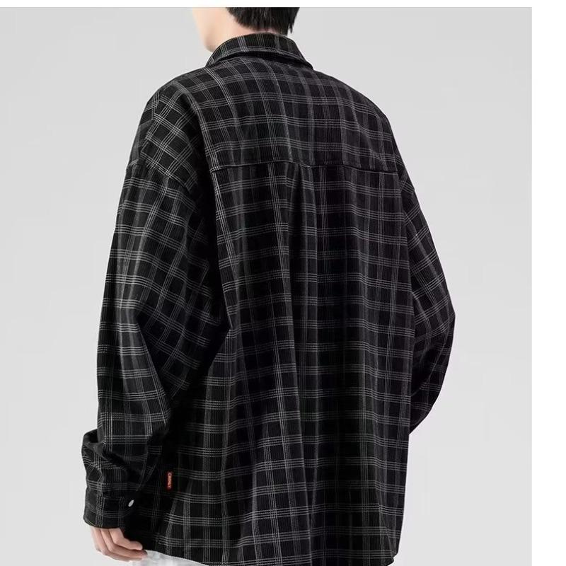 Men's Long Sleeve Corduroy Shirt - Japanese Retro Plaid Jacket for Spring & Autumn