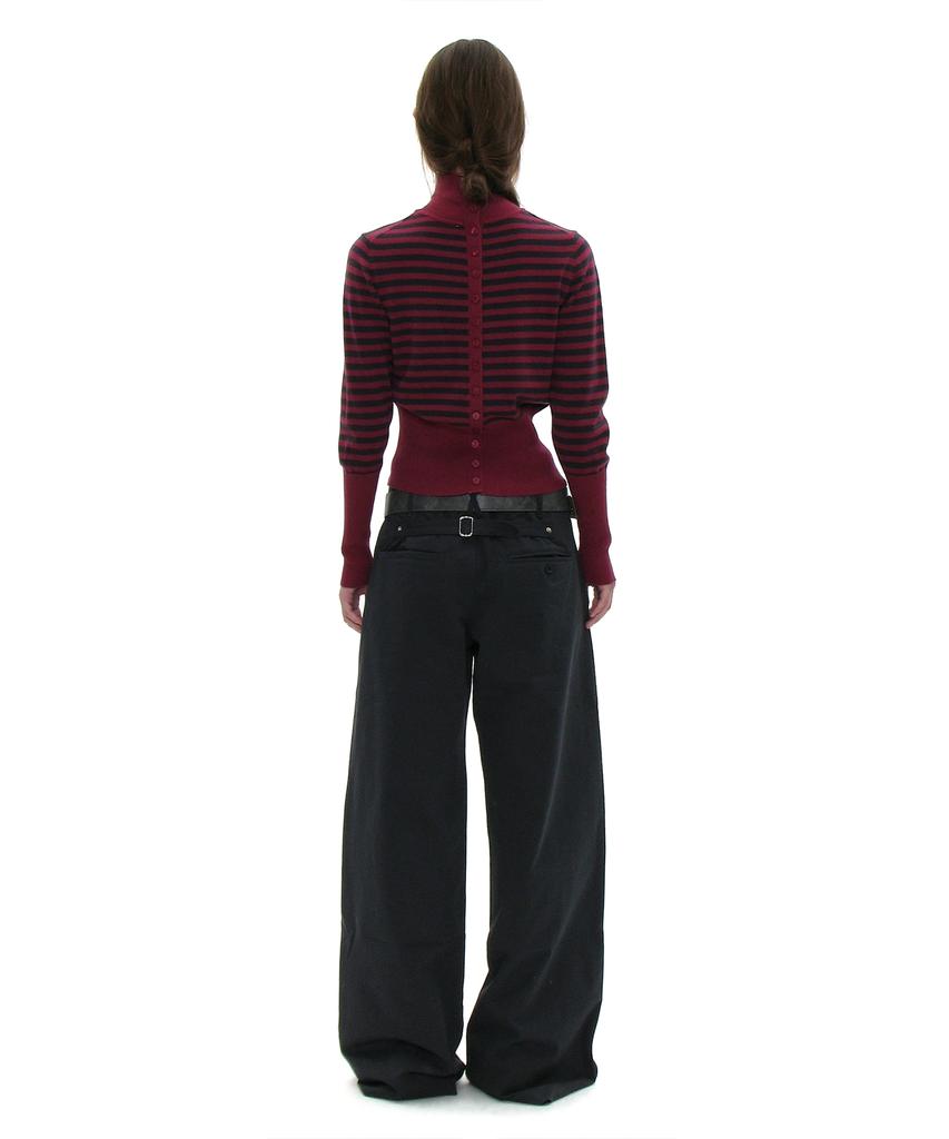 PARTIMENTO WOMEN Pwc High-Neck Back Button-Up Knit Top_Plum Stripe