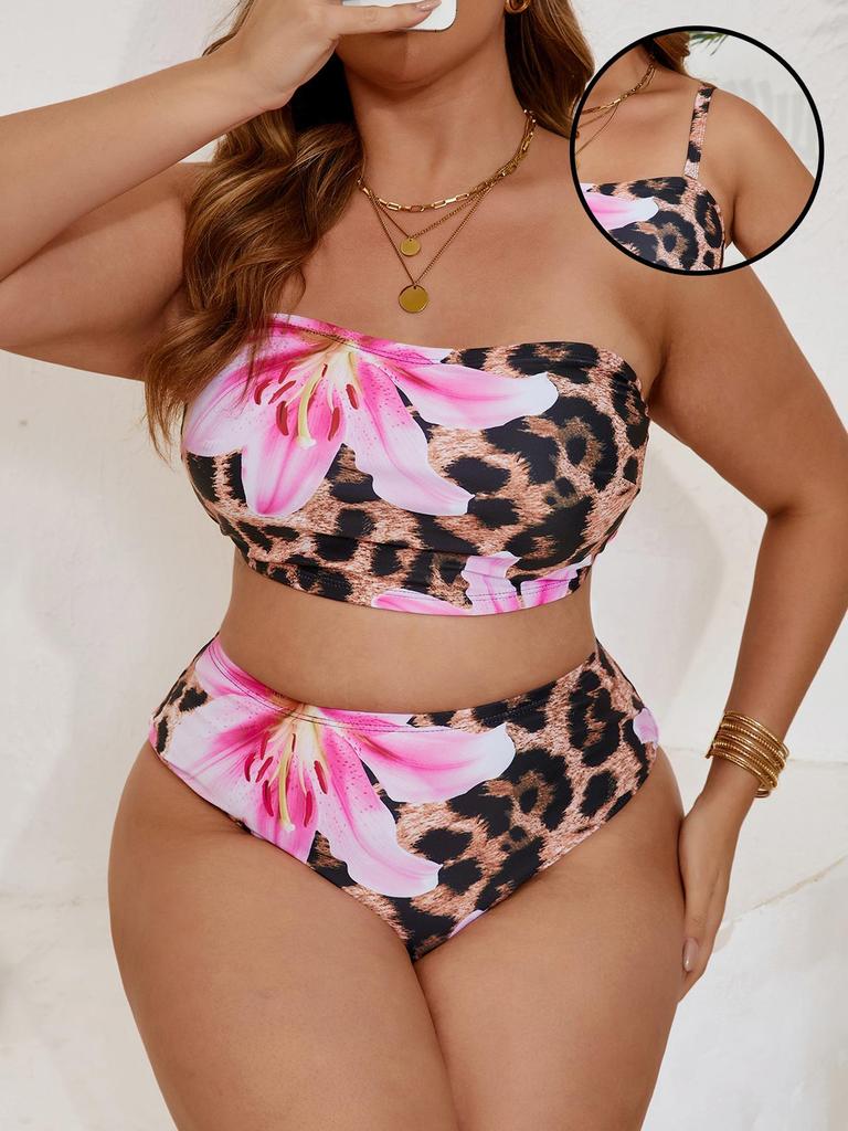 2026 Plus Size Floral Two-Piece Bikini with Removable Straps for Women
