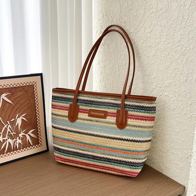Summer Versatile Large-capacity Colorful Hand-woven Bag Casual Vacation Beach Bag Rainbow Shoulder Underarm Tote Bag