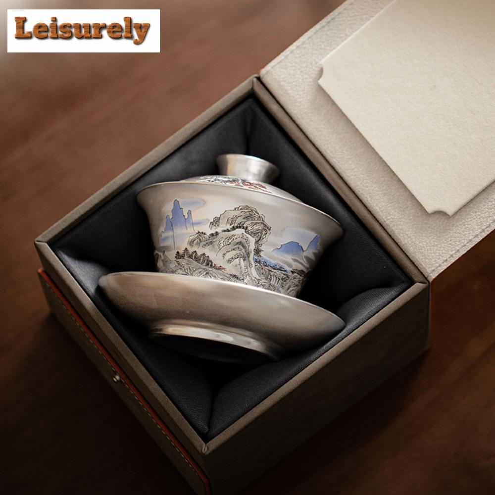 150ml Top Grade Distant Hills Gaiwan Elegant Gilt Silver Anti Scalding Tea Tureen Tea Brewing Cover Bowl Teaware Supplies Craft