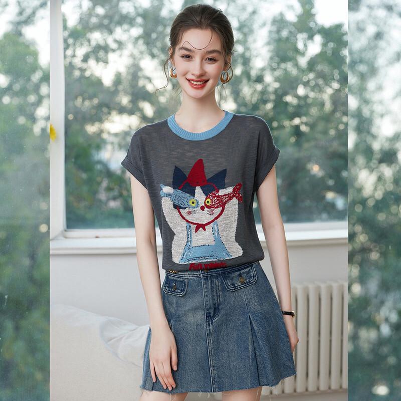 

Bailuyu Women s Color-Block Jacquard Short Sleeve Knit Top S