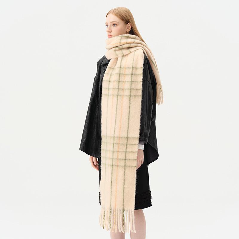 Wool Blended Macaron Color Tassel Plaid Scarf Women's Winter Extra Soft Atmosphere Shawl