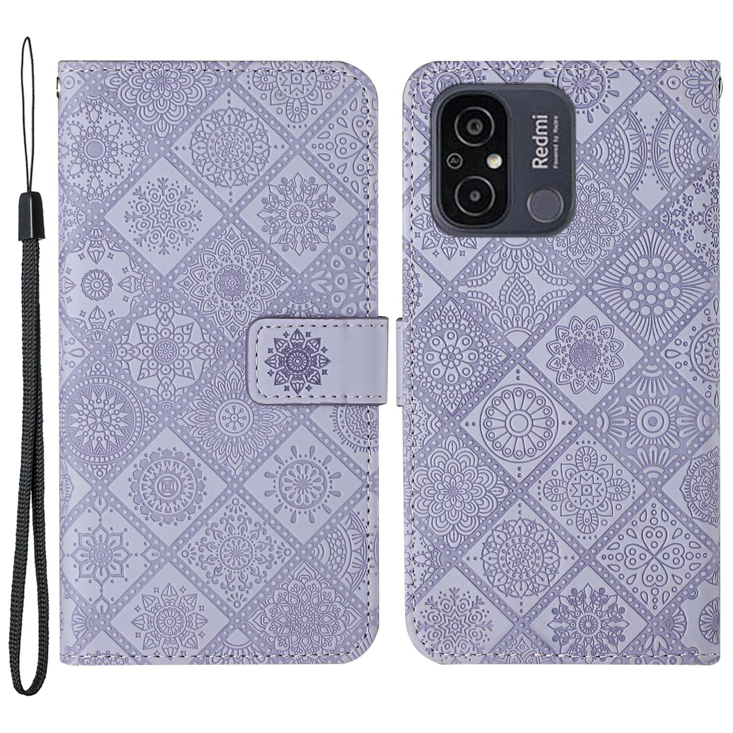 

For Xiaomi Redmi 12C 4G Imprinted Flower Phone Cover Wallet Leather Protective Phone Case Stand Purple