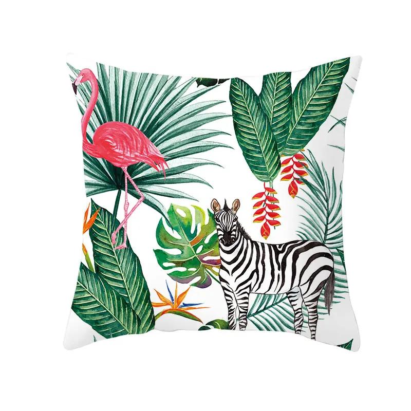 Housse de Coussin Décorative Flamant Rose Plantes Tropicales d'Été Feuilles Vertes Housse de Coussin à Jeter Housse de Coussin Flamant Rose