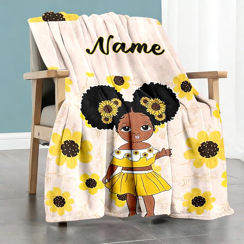 Girl Sunflower Personalized Name Blanket Multi-purpose Customizable Blanket Soft Warm Cozy for Living Room Bed Livingroom Seaside All-Season Use