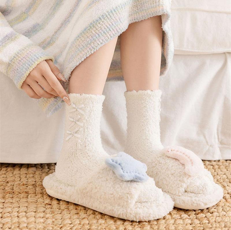 College Style Thicken Coral Fleece Cat Paw Calf Socks For Women Autumn Winter Warm Long Tube Socks Home Sleeping Floor Socks