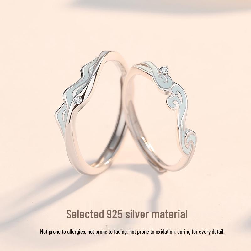 Tichya S925 Sterling Silver Enamel Luminous Open Rings – Mountain & Water Design, Korean Style, Versatile and Unique.