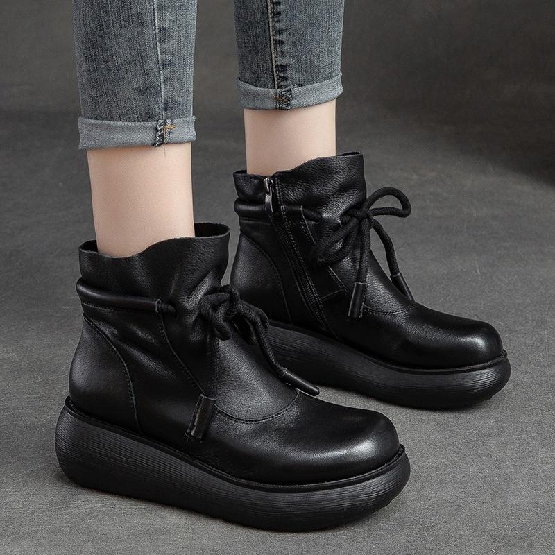 Fashion GKTINOO Shoes Women Boots 2025 New Winter Genuine Leather Handmade Round Toe Zip Sewing Wedge Shoes Ankle Platform Boots