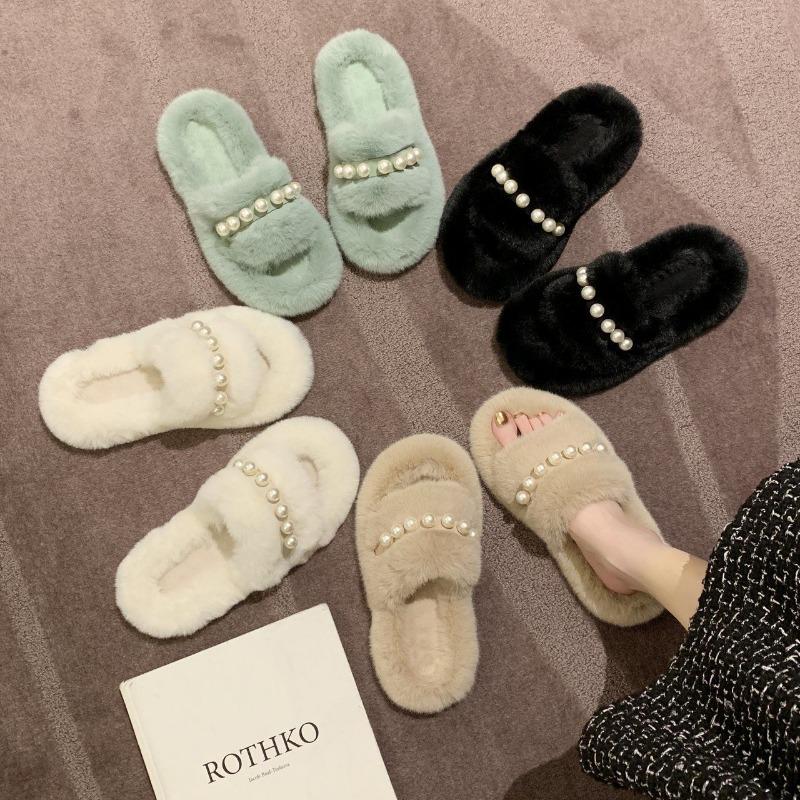 Mao Mao slippers women wear autumn and winter cute pearl rabbit plush home word cotton drag tide