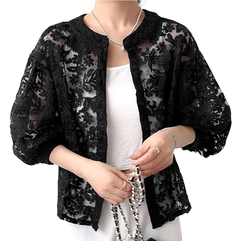 

[H.U.A] ladies cardigan bolero tops long short long length jacket spring/summer hemp short sleeve 3/4 sleeve long cardigan spring summer autumn BK