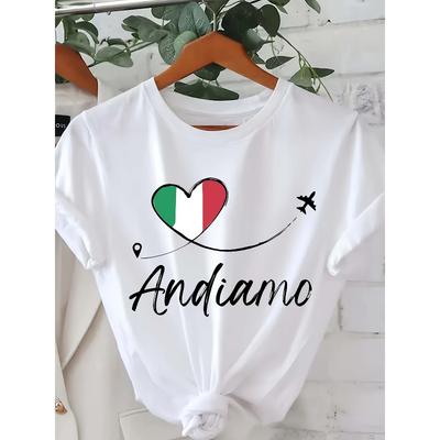 European Size Heart Print T-shirt, Short Sleeve Crew Neck Casual Top For Summer & Spring, Women's Clothing