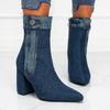 Denim Pointed Toe Chunky Heel Ankle Boots with Slimming Side Zipper - European Style Women's Versatile Fashion.