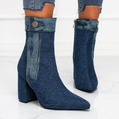 Denim Pointed Toe Chunky Heel Ankle Boots with Slimming Side Zipper - European Style Women's Versatile Fashion.