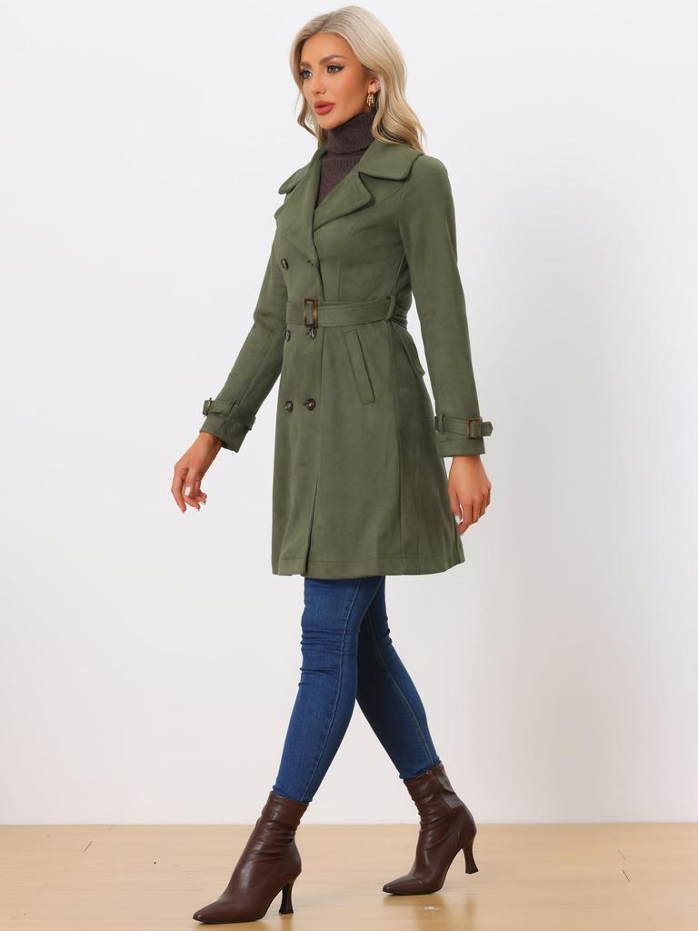 Allegra K Women's Double-Breasted Faux Suede Trench Coat with Belt, Notch Lapel, Army Green, Size XL