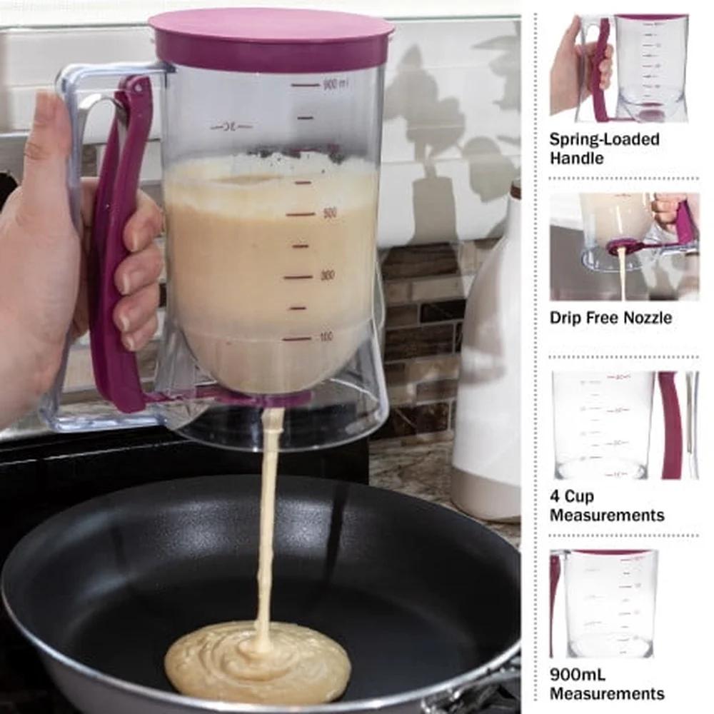 Chef Buddy Pancake Batter Dispenser 4 Cup Capacity Durable Plastic Drip Free Nozzle Measuring Cup Muffin Waffle Maker Kitchen