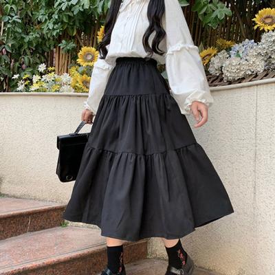 Kawaii שחור חצאית ארוכה נשים לוליטה יפנית חמוד טלאים גבוה מותן רופף A-קו Midi חצאית מקרית סתיו רך ילדה