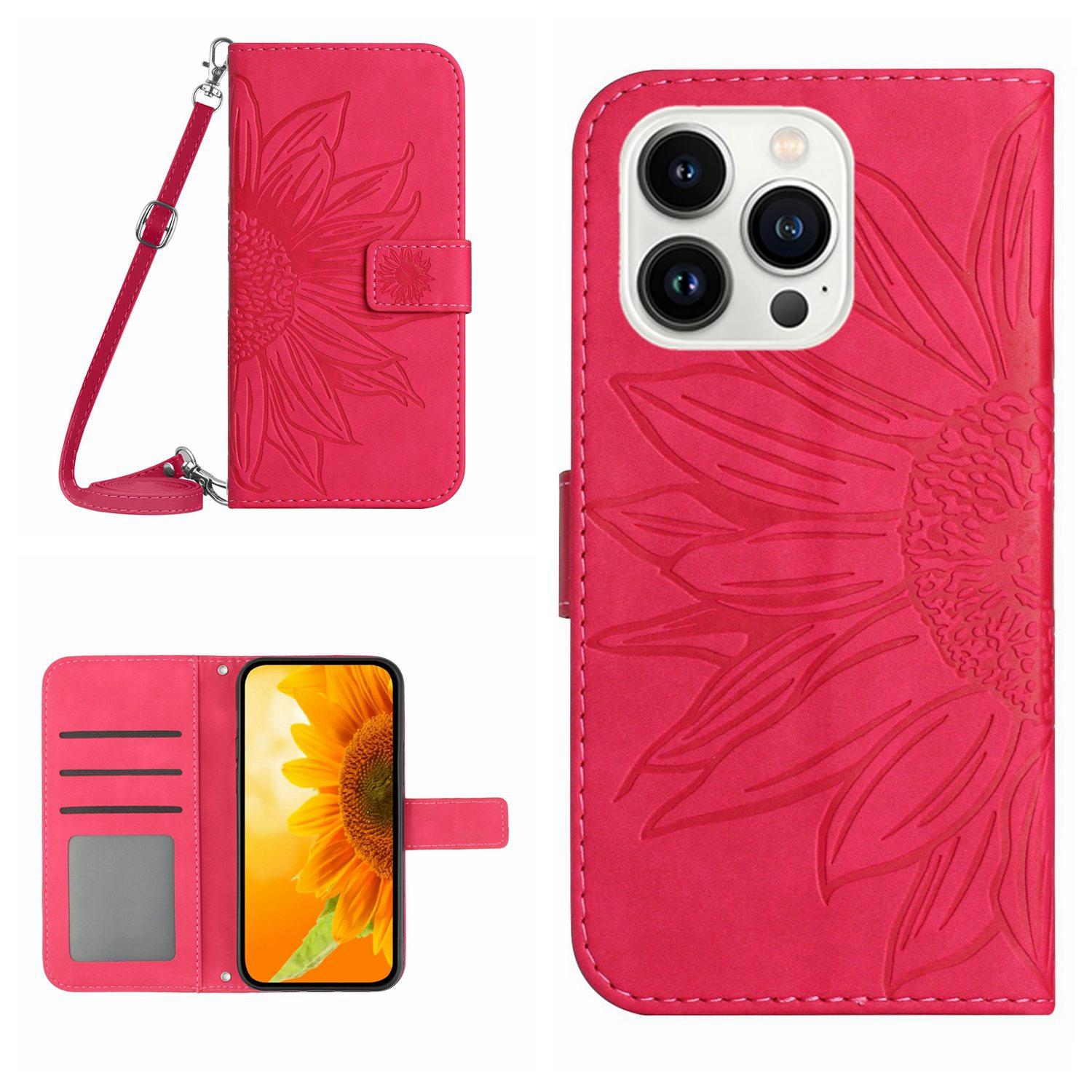 

HT04 For iPhone 16 Pro Max Leather Case Sunflower Phone Wallet Cover with Shoulder Strap Rose
