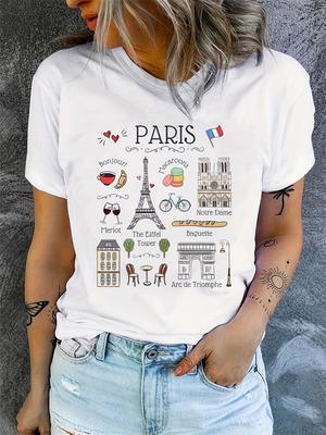 T-shirt Unisexe Casual Manches Courtes Paris Tour Eiffel Impression Vêtement de Sport Top