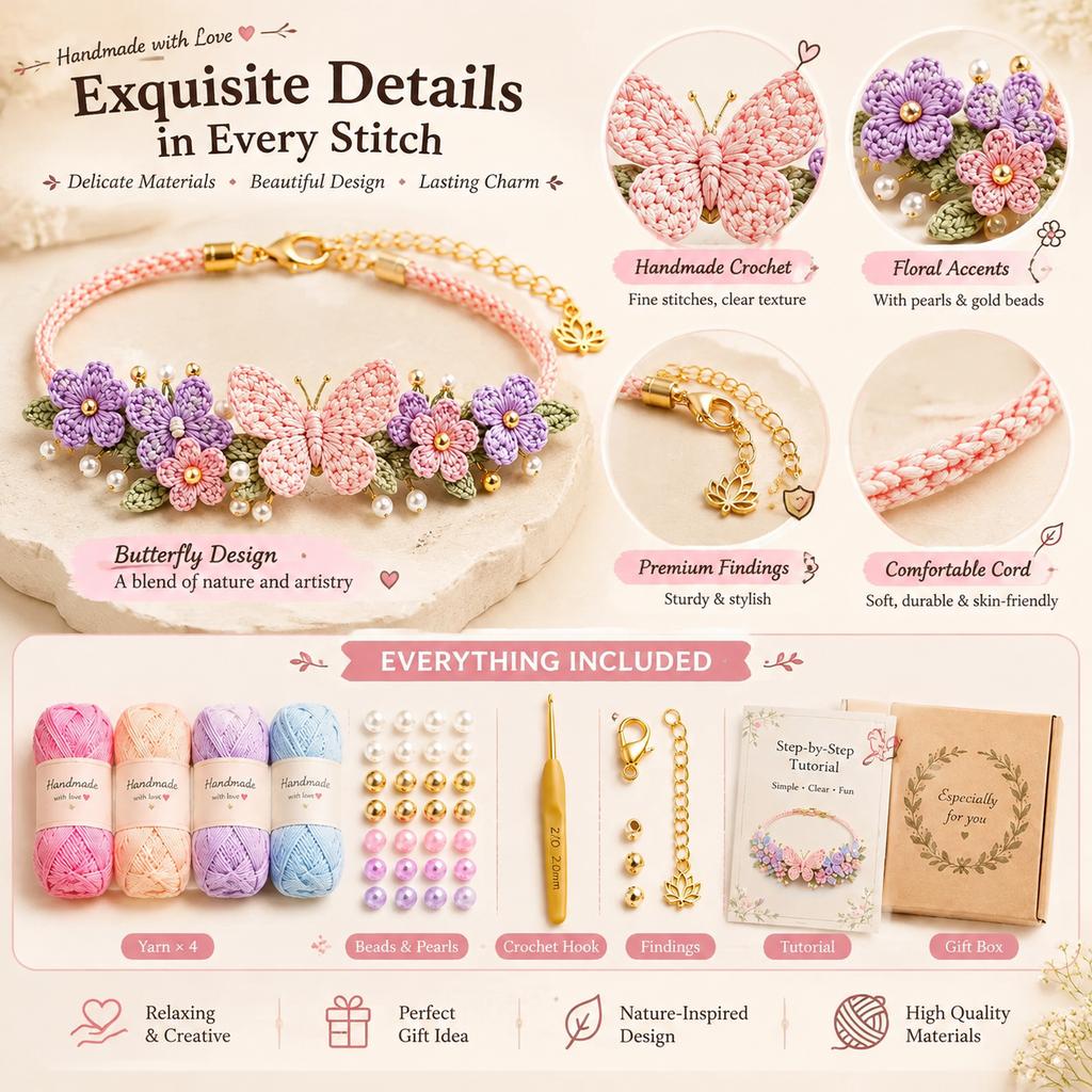 DIY Nature-Inspired Crochet Bracelet Kit with Tools and Gift Box
