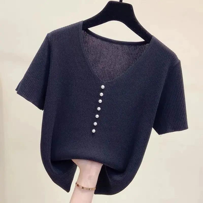 Γυναικείο πλεκτό τοπ με V λαιμόκοψη, κοντομάνικο, με κουμπιά πέρλα, casual, χαλαρή εφαρμογή, μπλούζα