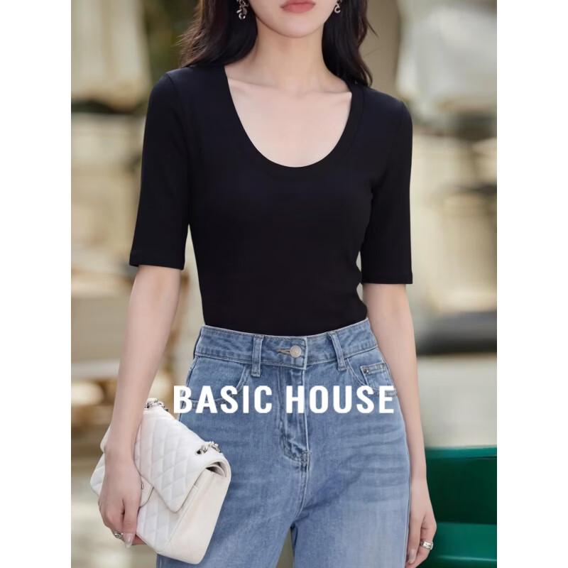 Basic House Women s Slim-Fit U-Neck Half-Sleeve T-Shirt One Size
