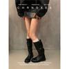 Cowhide Version~ Retro Long Boots for Women's Autumn and Winter New Round Head Thick-soled High Knight Boots, Thin Pleated Stacked Boots