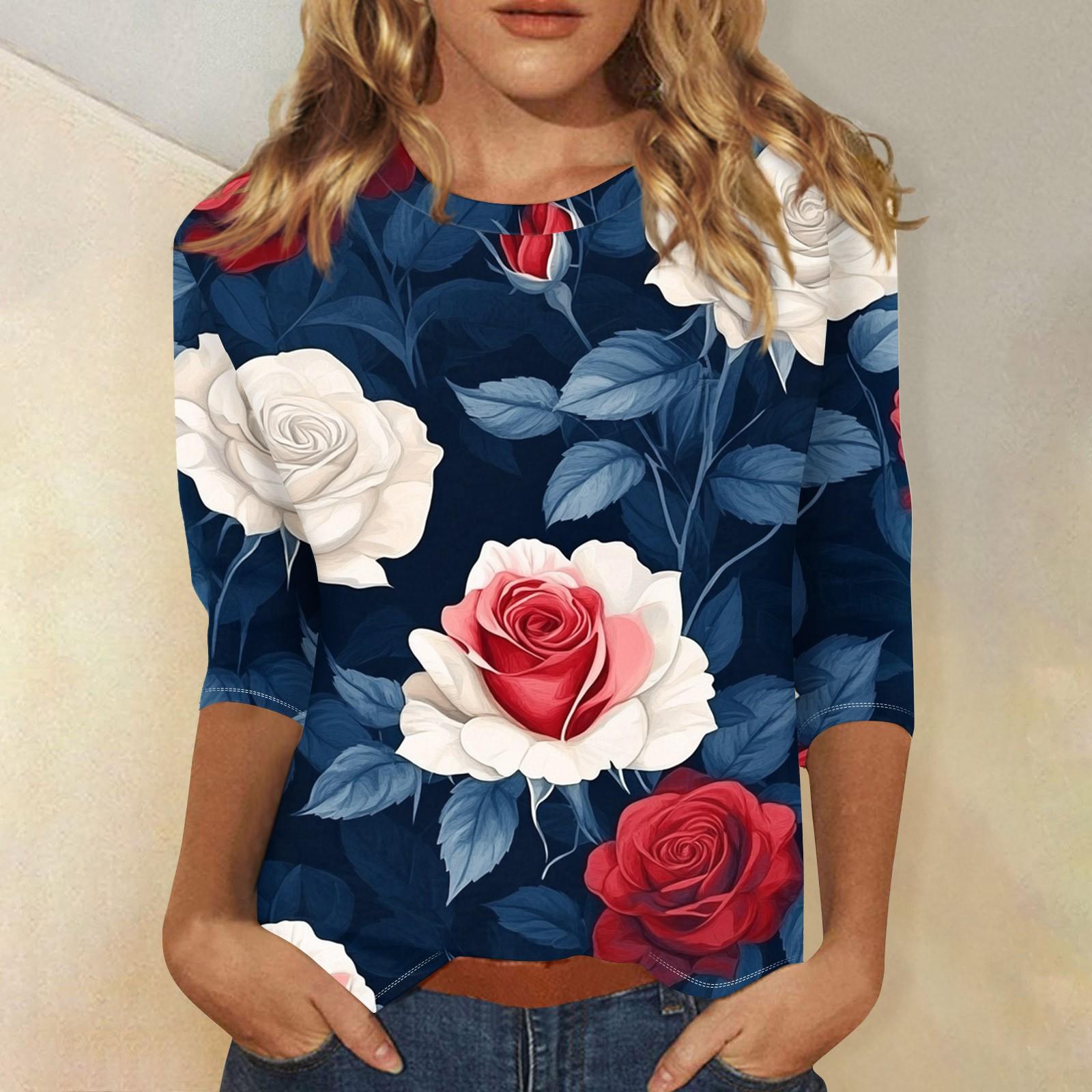 

Женская мода повседневная три четверти рукав винтажный цветочный принт круглый вырез топ M белый