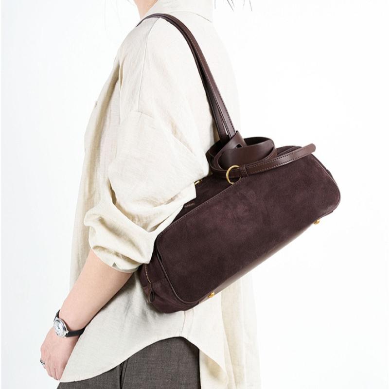 New Top Layer Frosted Cowhide Women's Bag, Vintage Underarm Bowling Bost Bag, Stylish Single Shoulder Large Capacity Handbag