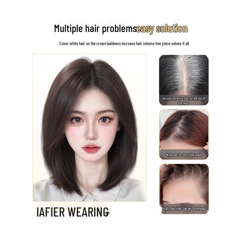 Women's Fluffy White Hair Topper - Natural, High Volume, Traceless Real Hair Bangs Patch for Full-Looking Hair.
