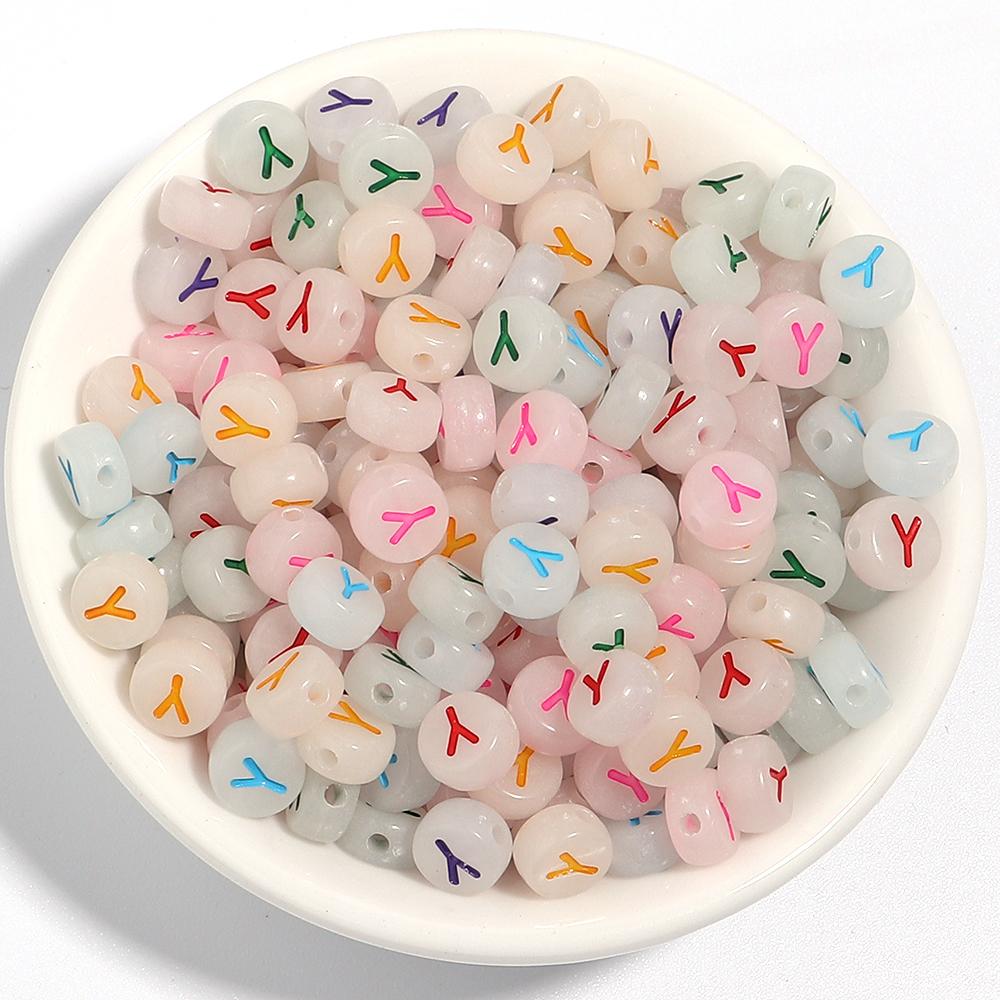 100Pcs/Lot 7mm Acrylic Luminous Beads Translucent Colorful Letter A-Z Flat Round Beads Diy Fashion Bracelet Necklace  Jewelry
