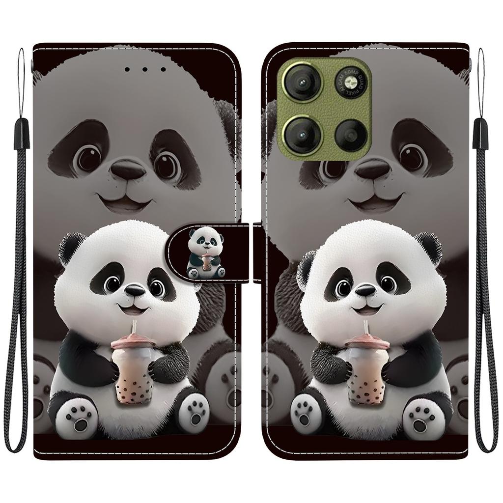 Handmade PU Leather Flip Case for Motorola Moto G15 Anti-Slip Shockproof Cover with Wrist Strap & Heart/Rose Cat Designs